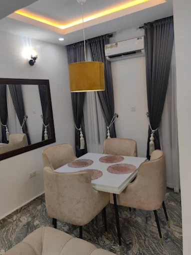 Living room with peach chairs